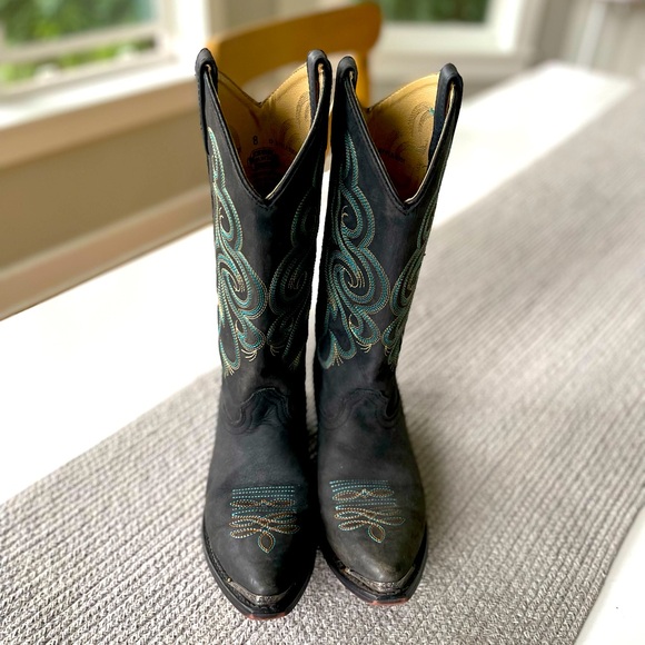 Vintage Smokey Mountain Teal Brown Embroidered Black Leather Cowboy Boots - Picture 11 of 15